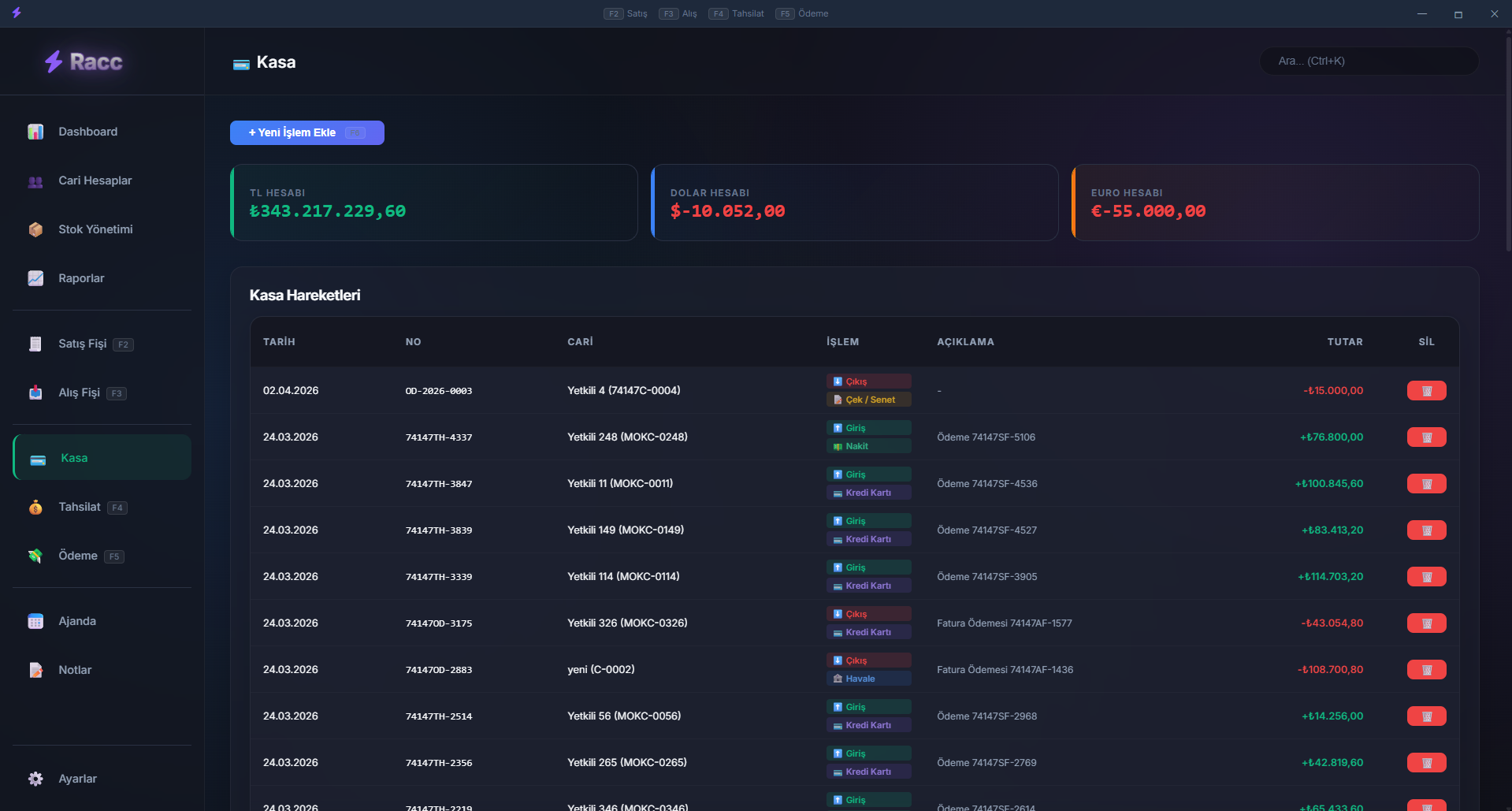 Racc Muhasebe Programı Kasa Yönetimi Ekranı